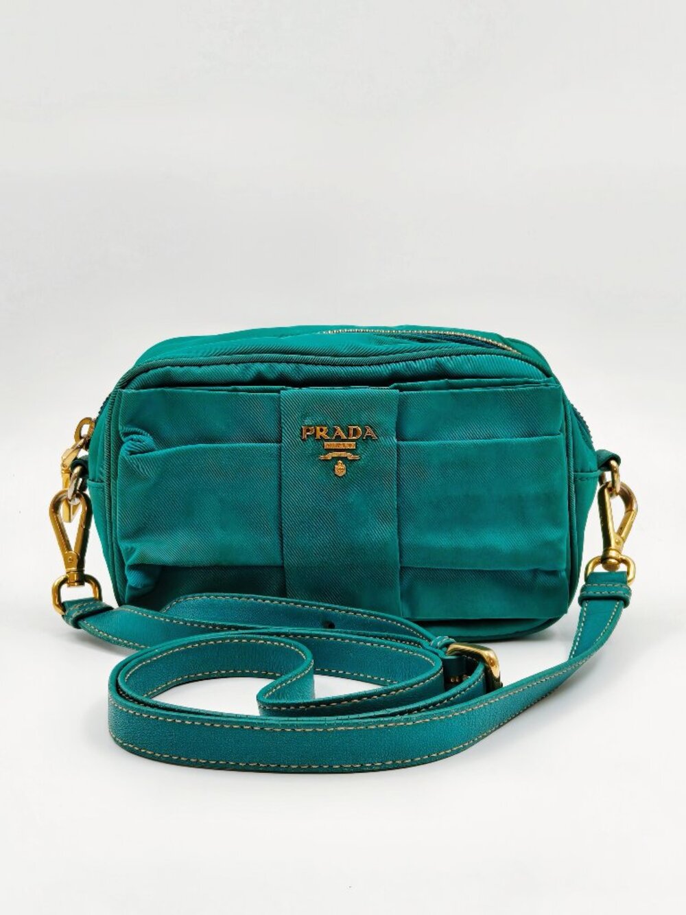 Prada Vintage Teal Nylon Crossbody Shoulder Bag Gold Hardware